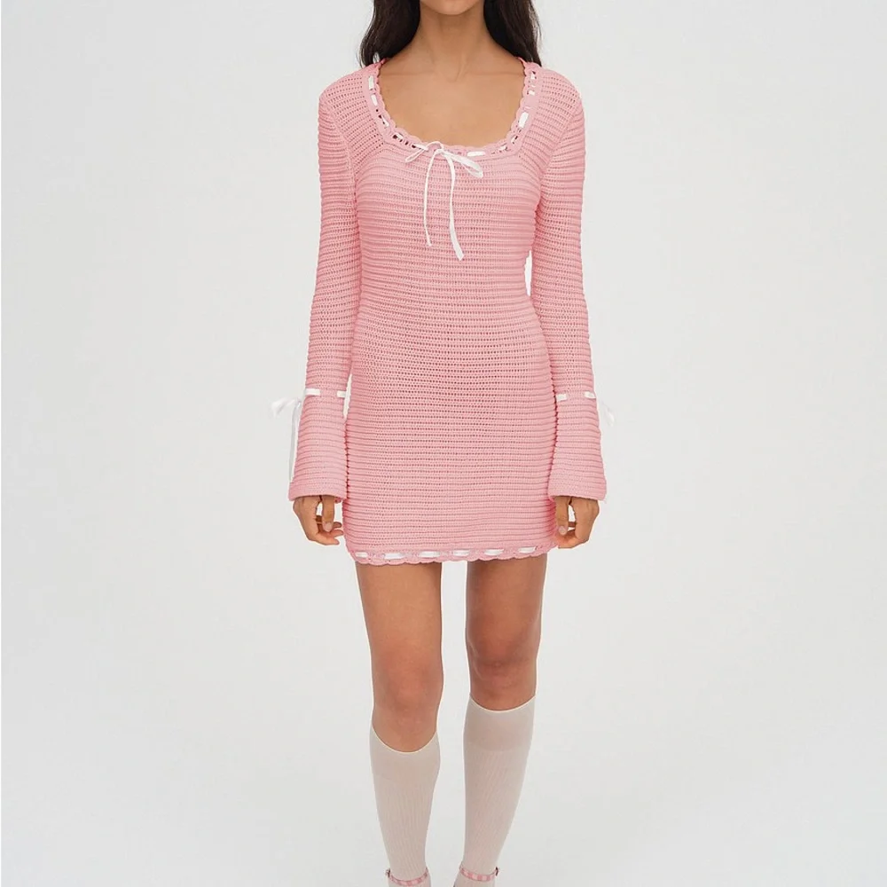 For Love & Lemons Pink Crocheted Ribbon-Trim Knit Top - Picture 1 of 5